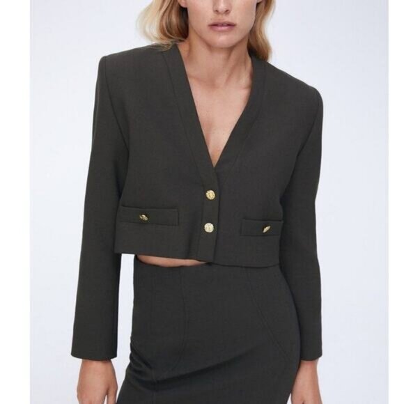 NWT ZARA Crop Blazer with Gold Buttons XS Dark Gray - Picture 1 of 12